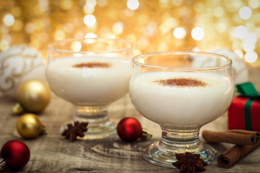 fresh eggnog with cinnamon sticks for the holidays 