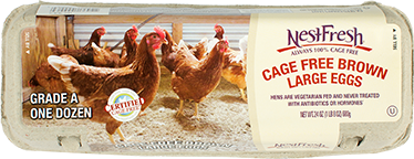 A carton of one dozen, Grade A NestFresh Cage Free Brown Large Eggs. Certified Cage Free. 
