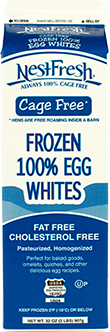 Photograph of 32-ounce gable top carton of NestFresh Cage Free Frozen 100% Egg Whites. Fat free and cholesterol free. 