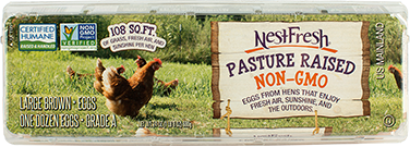 A carton of one dozen large, brown NestFresh Pasture Raised Non-GMO Eggs. Non-GMO Project Verified and Certified Humane. 108 square feet of grass, fresh air and sunshine per hen.